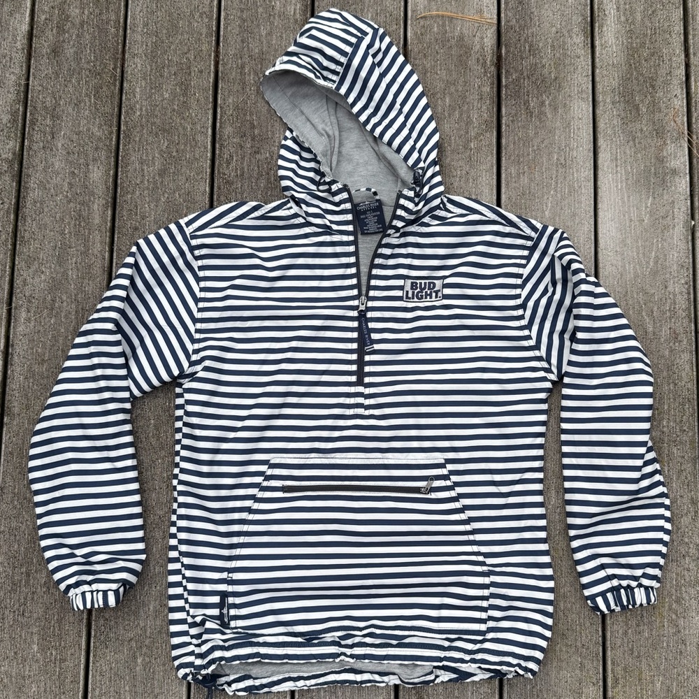 Charles River BUD LIGHT  Beer windbreaker jacket 1/4 zip Blue White Stripe sz S